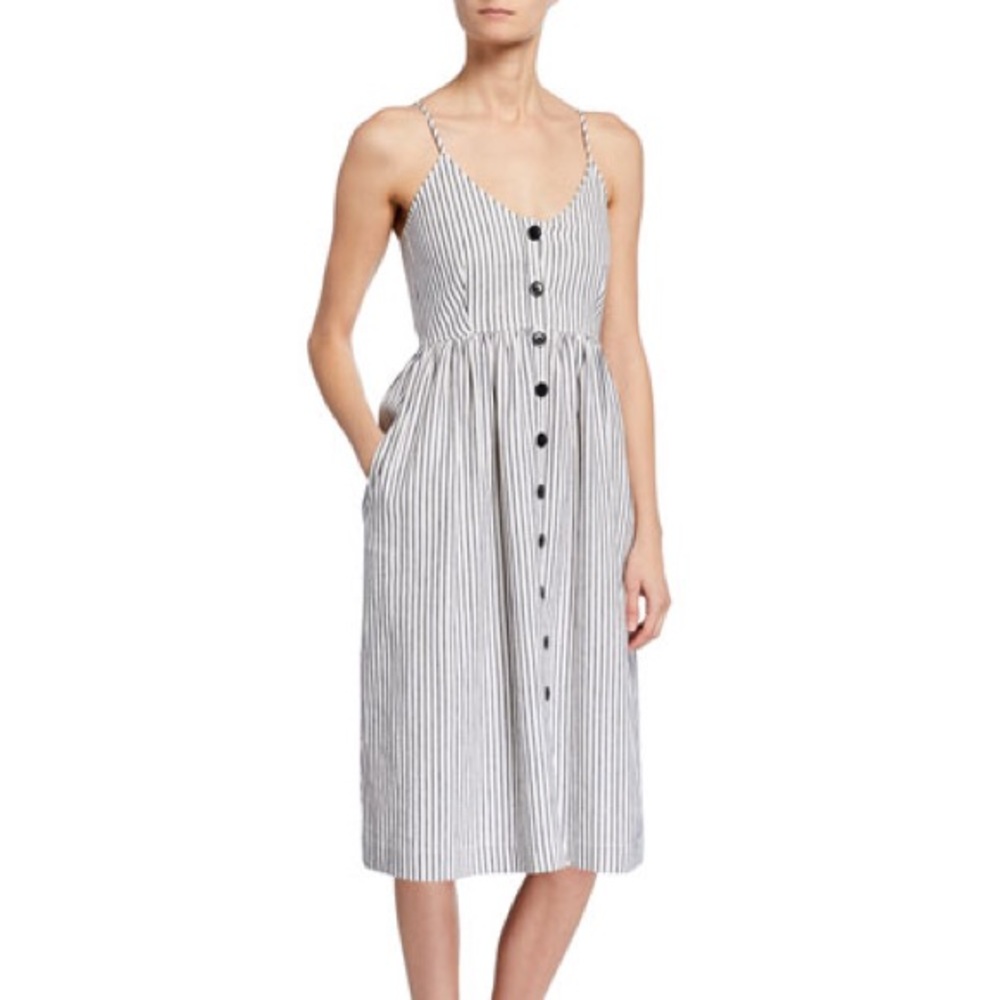 ATM Striped Button-Front Spaghetti-Strap Dress